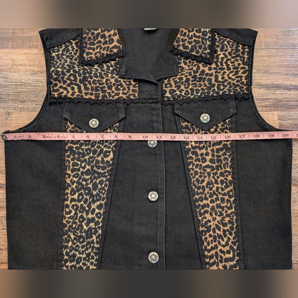 Vintage Peaces USA Leopard Print Denim Vest 90s Western Crochet Y2K Sz M - Picture 14 of 14